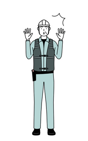 Senior male engineer in helmet and work wear raising his hand in surprise, Vector Illustrationのイラスト素材