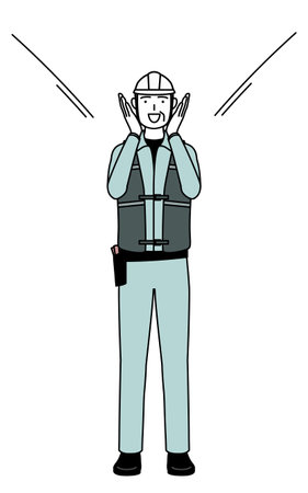 Senior male engineer in helmet and work wear calling out with his hand over his mouth, Vector Illustrationのイラスト素材
