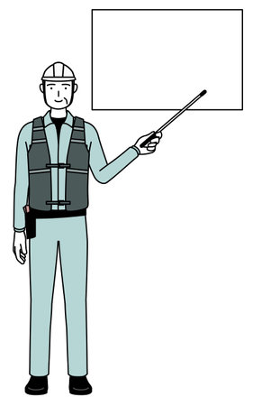 Senior male engineer in helmet and work wear pointing at a whiteboard with an indicator stick, Vector Illustrationのイラスト素材