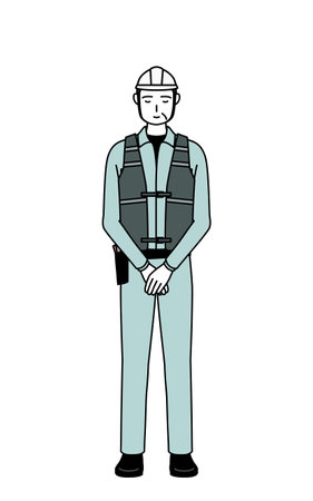 Senior male engineer in helmet and work wear bowing with folded hands, Vector Illustrationのイラスト素材