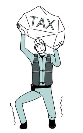 Senior male engineer in helmet and work wear suffering from tax increases, Vector Illustrationのイラスト素材