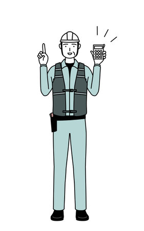 Senior male engineer in helmet and work wear holding a calculator and pointing, Vector Illustrationのイラスト素材