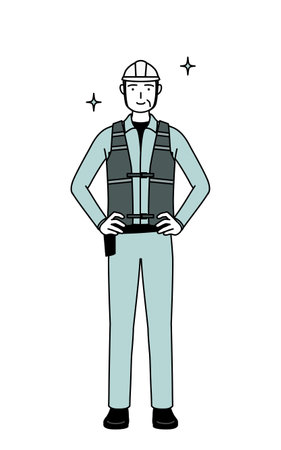 Senior male engineer in helmet and work wear with his hands on his hips, Vector Illustrationのイラスト素材