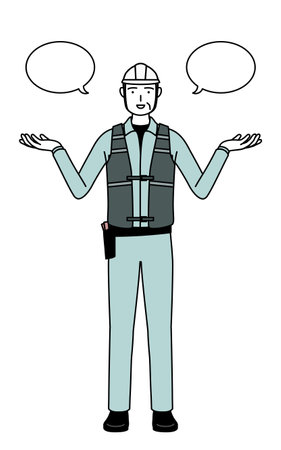 Senior male engineer in helmet and work wear with wipeout and comparison, Vector Illustrationのイラスト素材
