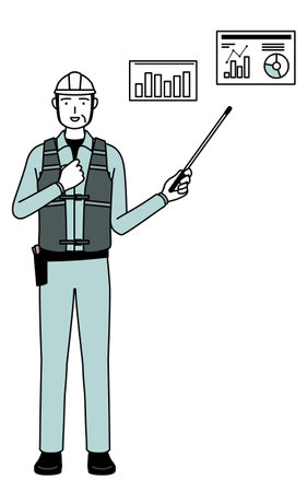Senior male engineer in helmet and work wear analyzing a performance graph, Vector Illustrationのイラスト素材