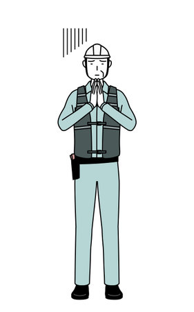 Senior male engineer in helmet and work wear apologizing with his hands in front of his body, Vector Illustrationのイラスト素材