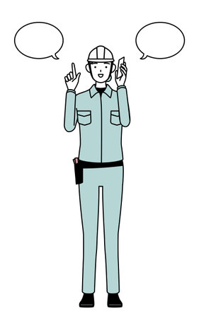 Female engineer in helmet and work wear pointing while on the phone, Vector Illustrationのイラスト素材