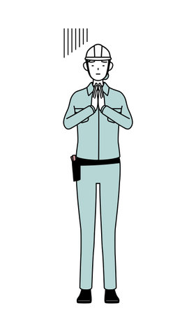 Female engineer in helmet and work wear apologizing with her hands in front of her body, Vector Illustrationのイラスト素材