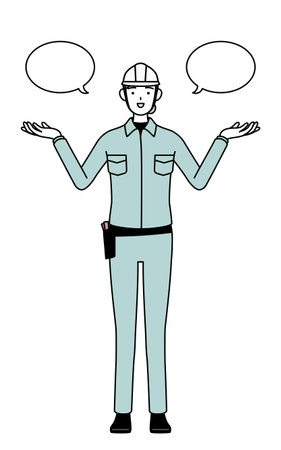 Female engineer in helmet and work wear with wipeout and comparison, Vector Illustrationのイラスト素材