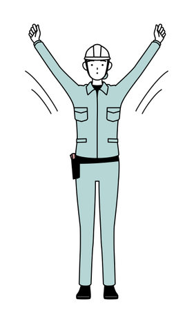 Female engineer in helmet and work wear doing radio calisthenics, preparation for accident prevention, Vector Illustrationのイラスト素材