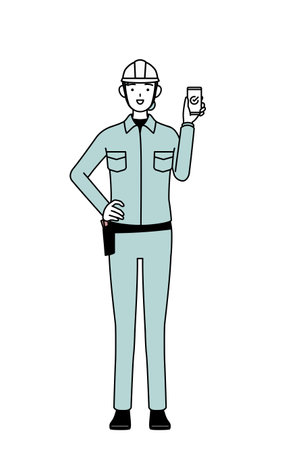 Female engineer in helmet and work wear using a smartphone at work, Vector Illustrationのイラスト素材