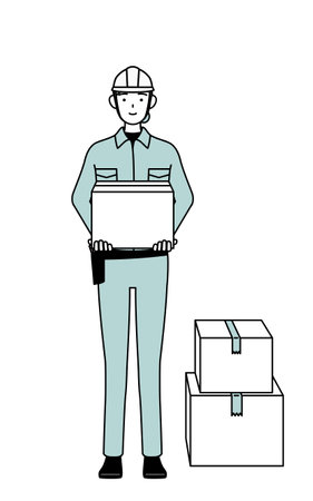 Female engineer in helmet and work wear working to carry cardboard boxes, Vector Illustrationのイラスト素材