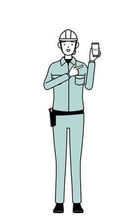 Female engineer in helmet and work wear recommending cashless online payments on a smartphone, Vector Illustrationのイラスト素材
