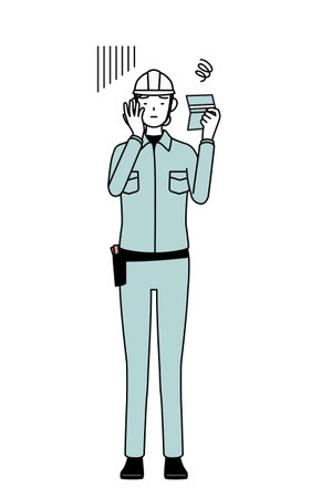 Female engineer in helmet and work wear looking at her bankbook and feeling depressed, Vector Illustrationのイラスト素材