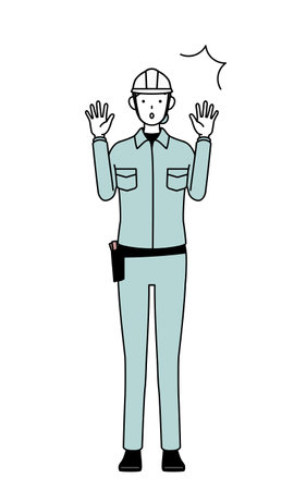 Female engineer in helmet and work wear raising her hand in surprise, Vector Illustrationのイラスト素材