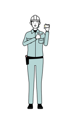 Female engineer in helmet and work wear recommending credit card payment, Vector Illustrationのイラスト素材