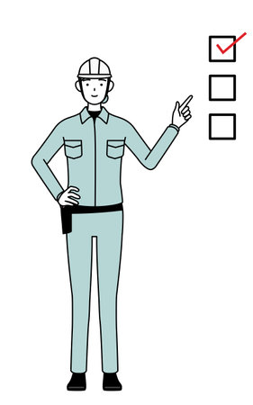 Female engineer in helmet and work wear pointing to a checklist, Vector Illustrationのイラスト素材