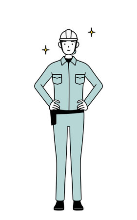 Female engineer in helmet and work wear with her hands on her hips, Vector Illustrationのイラスト素材