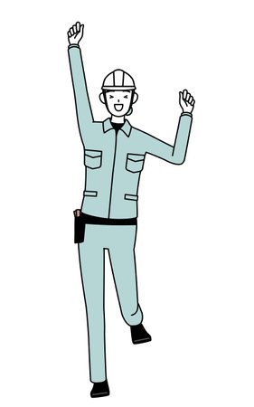 Female engineer in helmet and work wear smiling and jumping, Vector Illustrationのイラスト素材
