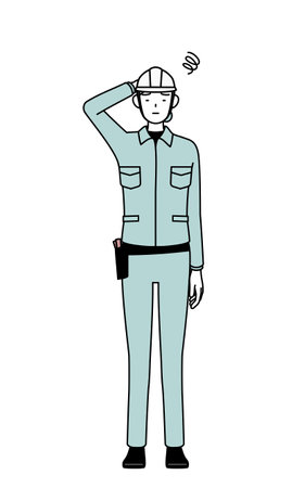 Female engineer in helmet and work wear scratching her head in distress, Vector Illustrationのイラスト素材