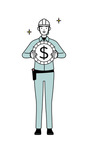 Female engineer in helmet and work wear with images of foreign exchange gains and dollar appreciation, Vector Illustrationのイラスト素材