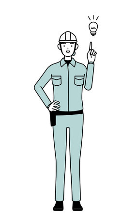 Female engineer in helmet and work wear coming up with an idea, Vector Illustrationのイラスト素材