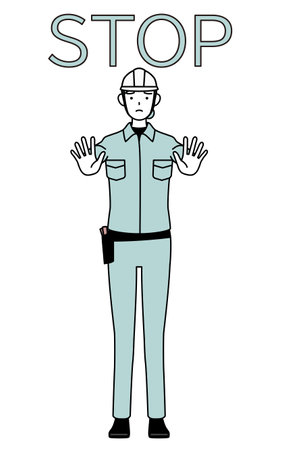 Female engineer in helmet and work wear with her hands out in front of her body, signaling a stop, Vector Illustrationのイラスト素材