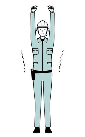 Female engineer in helmet and work wear stretching and standing tall, Vector Illustrationのイラスト素材