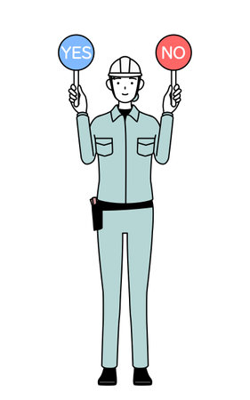 Female engineer in helmet and work wear holding a placard indicating correct and incorrect answers, Vector Illustrationのイラスト素材