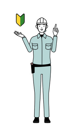 Female engineer in helmet and work wear showing the symbol for young leaves, Vector Illustrationのイラスト素材