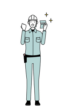 Female engineer in helmet and work wear who is pleased to see a bankbook, Vector Illustrationのイラスト素材