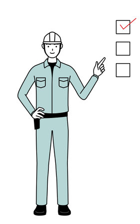 Man in helmet and workwear pointing to a checklist, Vector Illustrationのイラスト素材