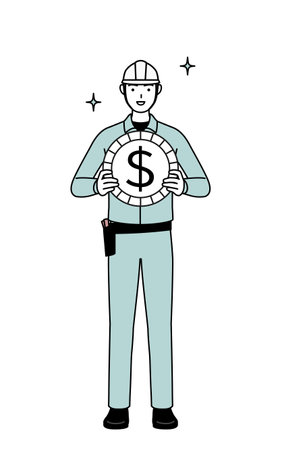 Man in helmet and workwear with images of foreign exchange gains and dollar appreciation, Vector Illustrationのイラスト素材