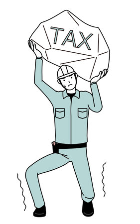 Man in helmet and workwear suffering from tax increases, Vector Illustrationのイラスト素材