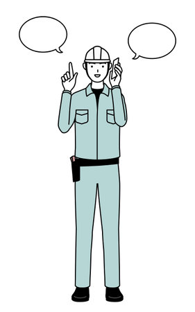 Man in helmet and workwear pointing while on the phone, Vector Illustrationのイラスト素材