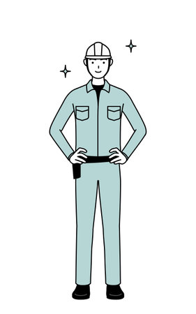 Man in helmet and workwear with his hands on his hips, Vector Illustrationのイラスト素材