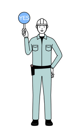 Man in helmet and workwear holding a maru placard that shows the correct answer, Vector Illustrationのイラスト素材