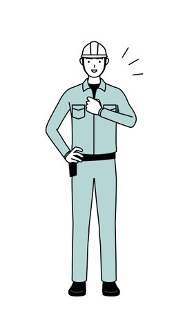 Man in helmet and workwear tapping his chest, Vector Illustrationのイラスト素材