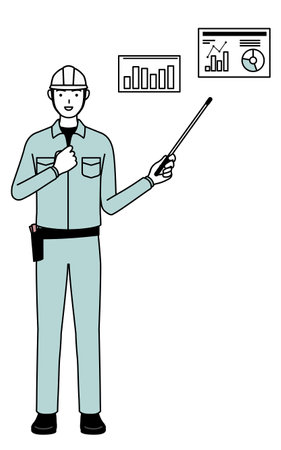 Man in helmet and workwear analyzing a performance graph, Vector Illustrationのイラスト素材