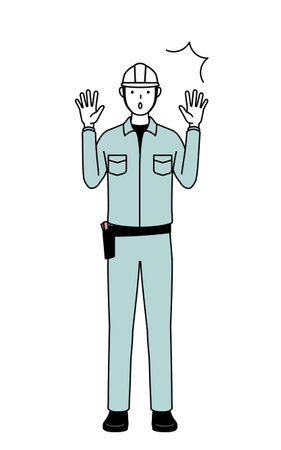 Man in helmet and workwear raising his hand in surprise, Vector Illustrationのイラスト素材