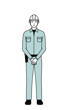 Man in helmet and workwear bowing with folded hands, Vector Illustrationのイラスト素材