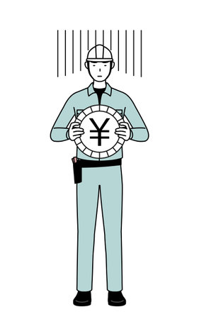 Man in helmet and workwear an image of exchange loss or yen depreciation, Vector Illustrationのイラスト素材