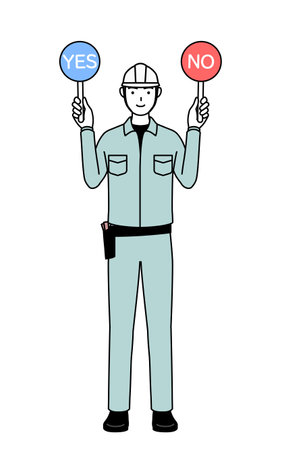 Man in helmet and workwear holding a placard indicating correct and incorrect answers, Vector Illustrationのイラスト素材