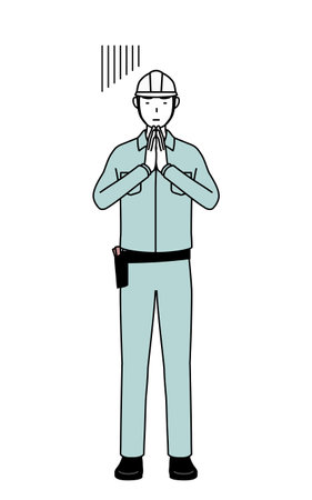 Man in helmet and workwear apologizing with his hands in front of his body, Vector Illustrationのイラスト素材