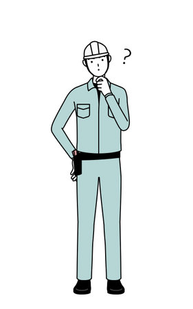 Man in helmet and workwear nodding his head in question, Vector Illustrationのイラスト素材