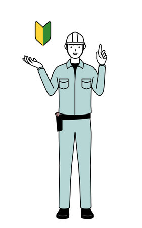 Man in helmet and workwear showing the symbol for young leaves, Vector Illustrationのイラスト素材