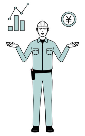 Man in helmet and workwear guiding an image of DX, performance and sales improvement, Vector Illustrationのイラスト素材