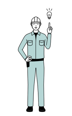 Man in helmet and workwear coming up with an idea, Vector Illustrationのイラスト素材