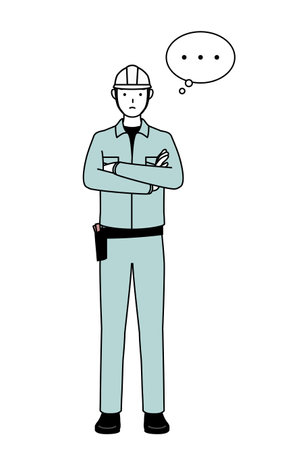 Man in helmet and workwear with crossed arms, deep in thought, Vector Illustrationのイラスト素材