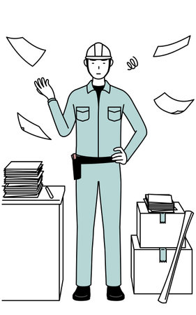 Man in helmet and workwear who is fed up with his unorganized business, Vector Illustrationのイラスト素材